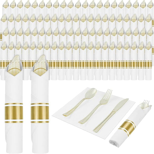 100 Pack Pre Rolled Gold Glitter Plastic Silverware Set, Heavy Duty Disposable Cutlery with 100 Forks, 100 Knives, 100 Spoons and Napkins, Wrapped Utensils for Parties Weddings Events