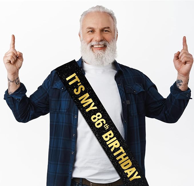 It's My 86th Birthday Sash for Men Women, Black Glitter Sash with Gold Foil