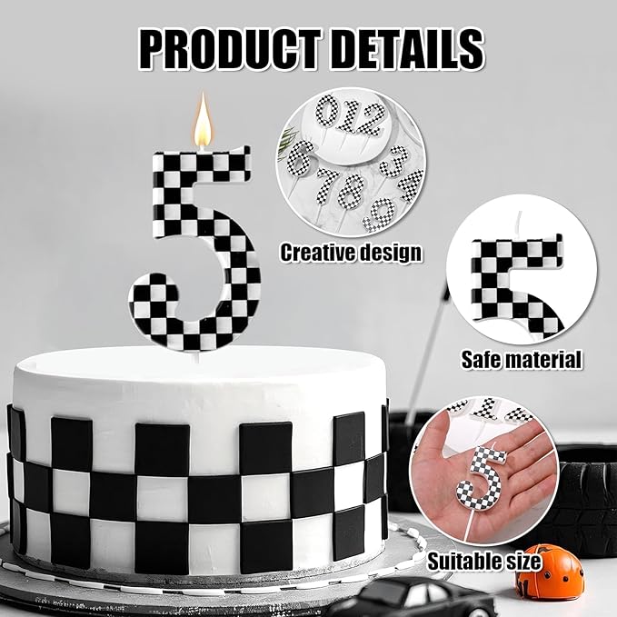 Racing Cars Themed Birthday Candle, Checkered Flag Number Candles Black and White Candles Happy Birthday Cake Topper Party Decorations for Boys Racing Cars Themed Party Supplies (Number 5)