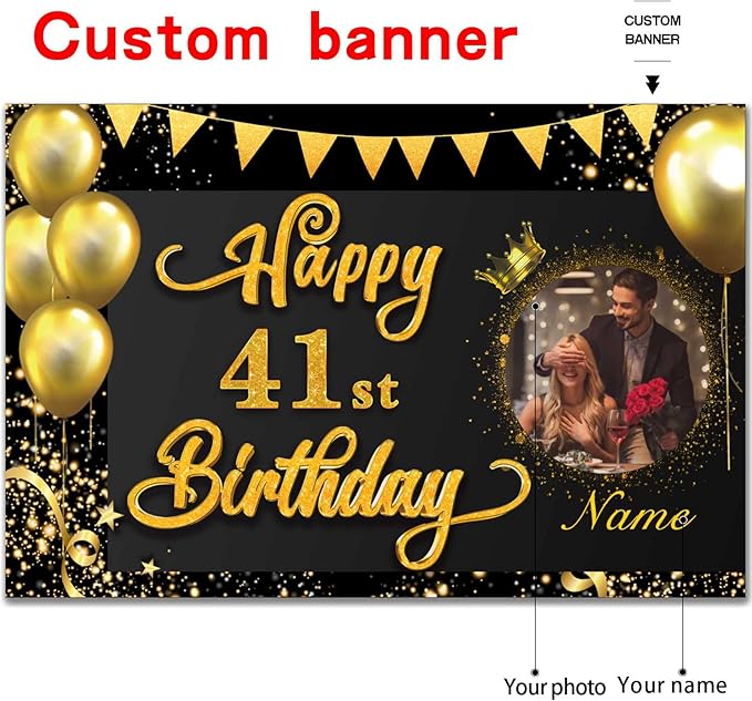 Custom Happy 41st Birthday Decorations Banner -41 Years Old Birthday Decorations Backdrop- Personalization Happy 41st Birthday - Black and Gold, 4x6ft/5x7.5ft/6x9ft/7x10.5ft/8x12ft