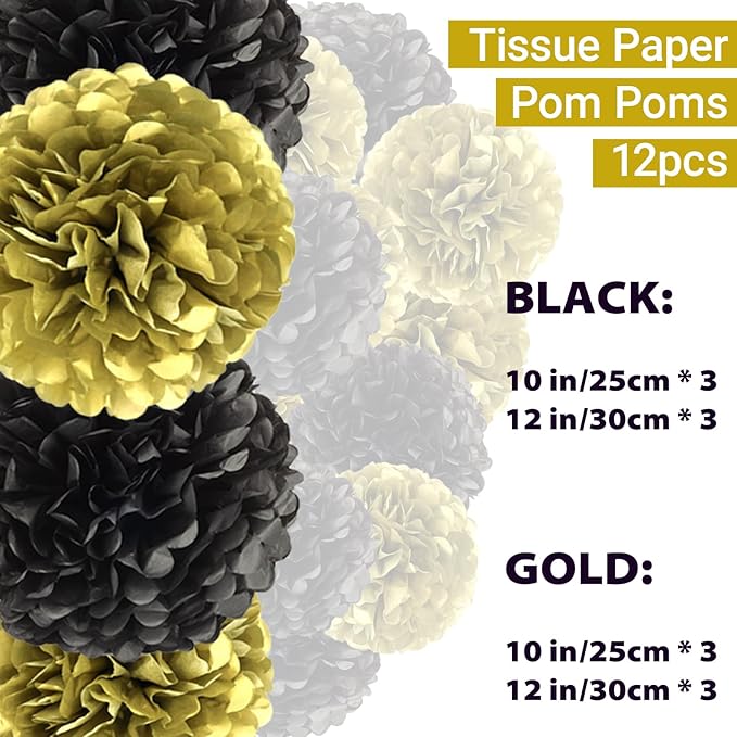 Capesaro Gold and Black Paper Pom Poms - 10",12" Tissue Decorations for Party Hanging Decor - 12 Piece Set