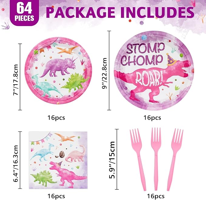 WERNNSAI Girl Dinosaur Party Decorations - 64 PCS Dinosaur Plates Napkins and Forks Pink Dino Birthday Decorations Dino Party Plates for Kids Girls Birthday Baby Shower Favors Serves 16 Guests