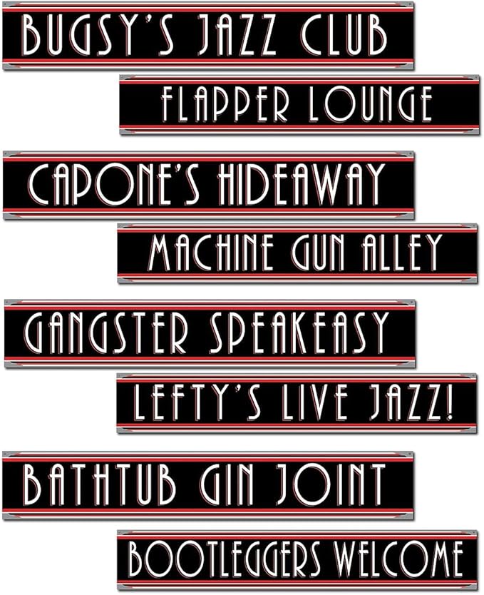 Beistle Gangster Street Sign Cutouts – 4 Pack Double-Sided Vintage 1920s Themed Cardstock Wall Decorations for Great Twenties Parties, Speakeasy Events and Retro Celebration Décor, 4" x 24"