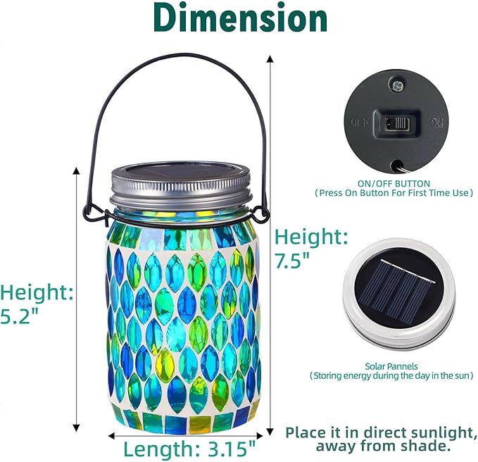VOREEN Solar Powered Mosaic Mason Jar Lights, Colorful Stained Glass Lanterns for Outdoor Garden Decor, 2 Pack