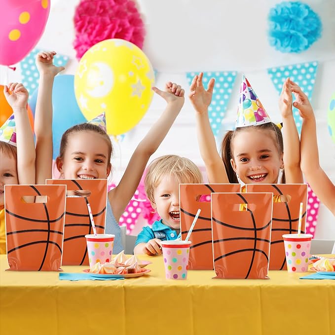 50 Pieces Basketball Gift Bags with Handle, Plastic Treat Candy Bag Sport Favor Bags For Kids Birthday Party Decoration Supplies