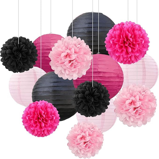 18 PCS Black Pink Paper Lanterns & Tissue Paper Pom Poms for Girls Birthday, Baby Shower, Wedding, Bridal Shower, Hanging Paper Decor for Indoor Outdoor Events Party Supplies