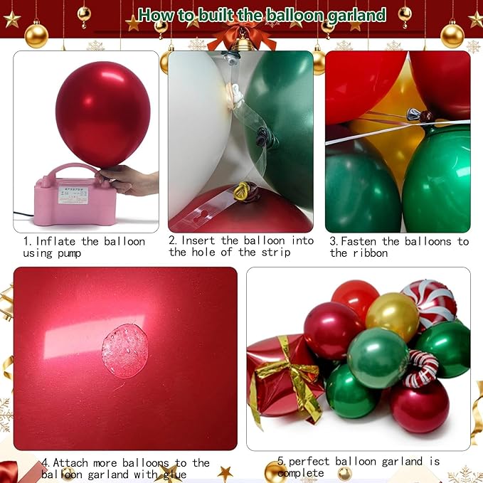 Christmas Balloon Garland, Double Stuffed Dark Emerald Green Red Balloons Burgundy Gold Balloon Garland Kit for Christmas New Year Holiday Birthday Baby Shower Xmas Party Decorations