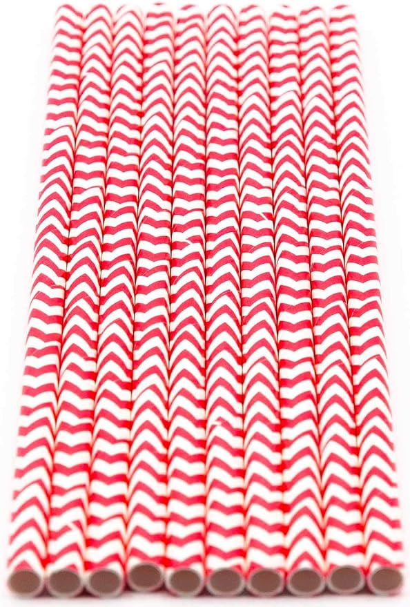 Pack of 300 Red Chevron Biodegradable 4-Ply Paper Drinking Straws (Compostable, Non-toxic, BPA-free)