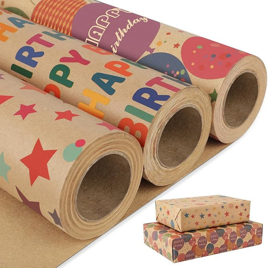 NESCCI Birthday Wrapping Paper,Gift Wrapping Paper Roll,Kraft Wrapping Paper-3 Roll-17 inch X 32.8 Feet Per roll,Colorful Happy Birthday Pattern For Boys Girls,Perfect For Birthdays Party,Baby Shower