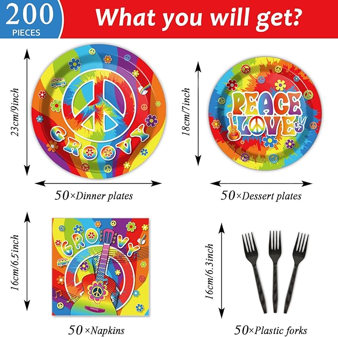 200pcs 60's Hippie Party Plates Napkins Groovy Paper Tableware Set Tie Dye Cake Dessert Disposable Dinnerware 60s 70s Hippie Party Decoration for Baby Shower Birthday Decor Supplies Serves 50