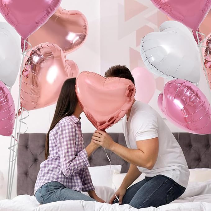 TONIFUL 30Pcs 18 Inch Rose Gold Pink Heart Balloons Pink White Heart Shape Foil Mylar Balloons Decoration for Birthday Valentine's Day Wedding Bridal Shower Anniversary Engagement Party Supplies