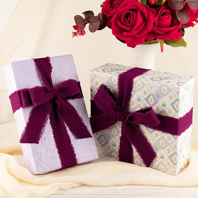 Grape Wine Cotton Ribbon 1 Inch Grape Wine 3 Rolls 21 Yards Frayed Edge Fabric Set for Wedding Decor, Anniversary Celebration, Bridal Bouquet Wrap, Gift Wrapping & Fall Wedding