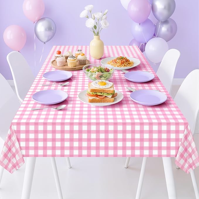 2 Pack Pink Striped Gingham Tablecloths, 54 x 108 Inch Disposable Plastic Rectangle Table Covers, Waterproof Pink and White Checkered Pink Table Cloths for Picnic, Birthday, Party, Outdoor Events
