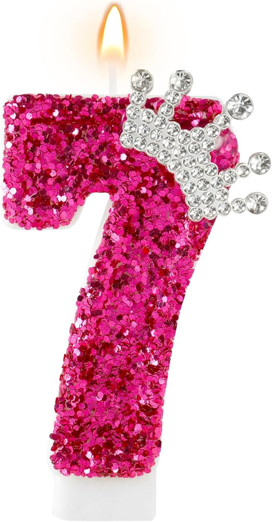 AKURIEEY Hot Pink Birthday Candles Crown Number 7 Candle Birthday Party Decorations Cake Topper Cupcake Decor for Anniversary Celebrations Supplies