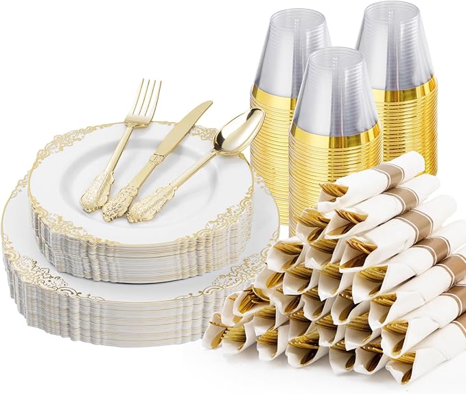 Bestluck 175PCS Gold Plastic Plates for 25 Guests, Disposable Dinnerware Sets Include 50 Gold Rim Plastic Plates, 25 Silverwares, 25 Cups, and 25 Pre Rolled Napkins for Party, Wedding and Graduation