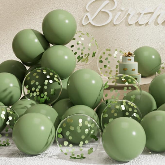 SUWEN Sage Green Balloons and Confetti Balloons Set 47PCS Latex Helium Olive Green Balloon for Birthday Anniversary Party Decorations