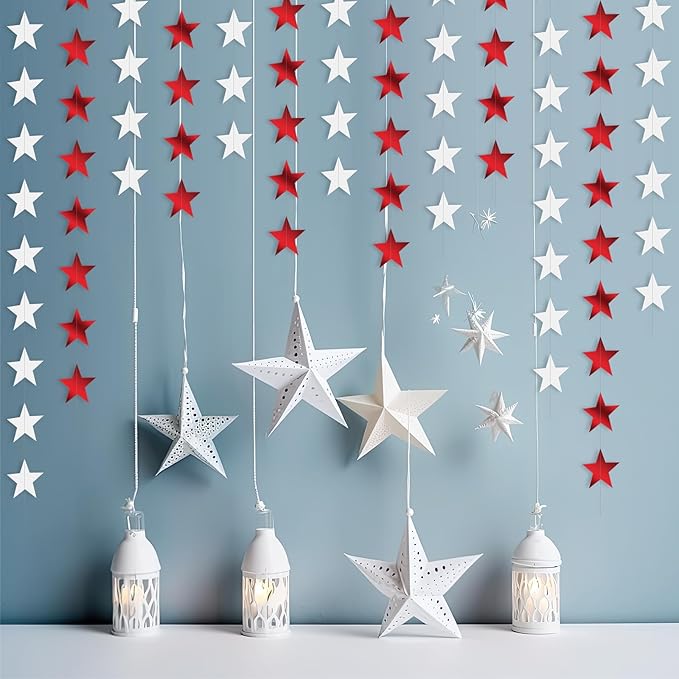 Patelai 130 Feet Glitter Star Garland Banner 2026 Party Decoration Double Side Star Hanging String Streamer Paper Twinkle for Graduation Wedding Birthday (Red and White)