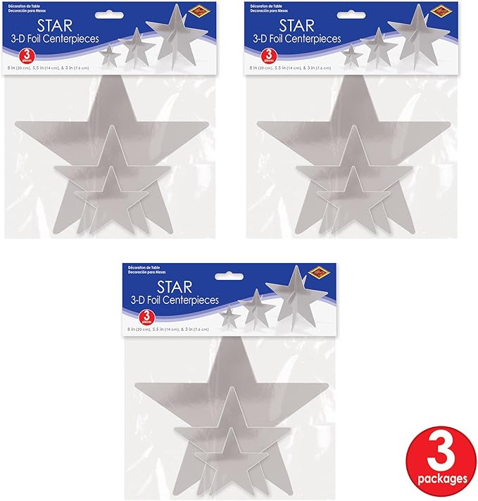 Beistle 3-D Foil Star Centerpieces, 9-Pack Silver Cardstock Table Decorations for Awards Night Themes, New Year’s Eve, Anniversary Parties and Elegant Celebration Displays, Three Sizes 3", 5½", 8"