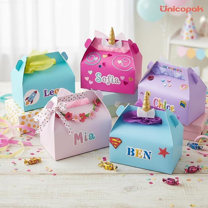 UnicoPak 10 Pack Pastel Party Favor Bag Boxes, Gable Gift Boxes with Handles for Candies Treats Goodies Cookies, Ideal for Theme Birthday Party, Classroom Events, Valentine's Day, 6.5x3.5x3.5 Inches