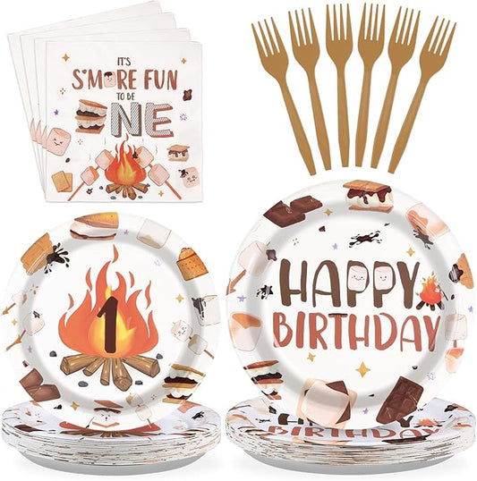 96 Pcs S'Mores Camping Birthday Party Decorations It's S'more Fun to Be One Plates and Napkins Disposable First Birthday Tableware Set for Kid Camper Bonfire Camping Theme 1st Party Supplies Serves 24