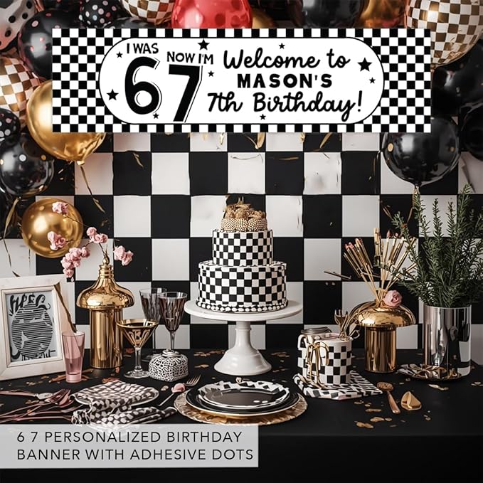 Andaz Press 13x48 Inch Custom 6 7 Birthday Banner Decorations, Personalized Birthday Banner with Custom Name, Black and White Checkered 67 Happy Birthday Party Banner for Boys, Home or Party Décor
