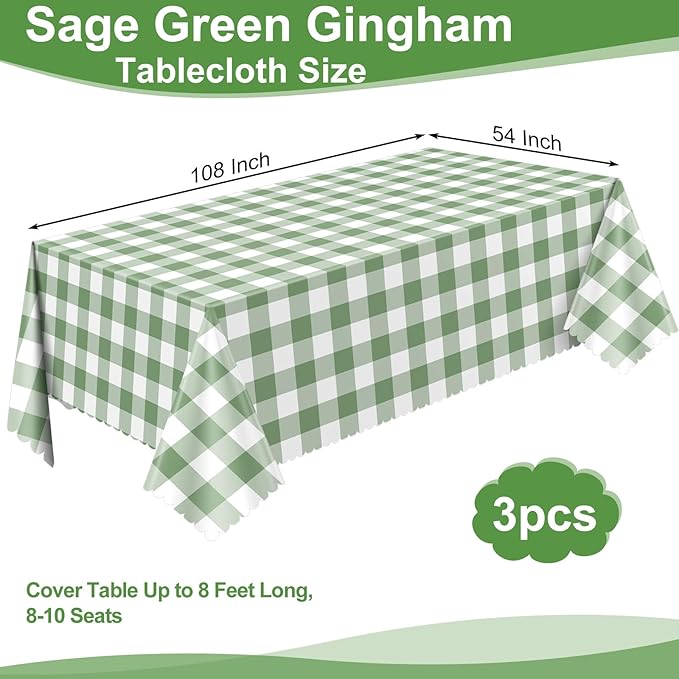 3 Pack Sage Green Gingham Tablecloths, 54 X 108Inch Scalloped Green and White Checkered Tablecloth Disposable Party Table Cover for Baby & Bridal Shower Picnic Camping Birthday Barbecue Wedding Party