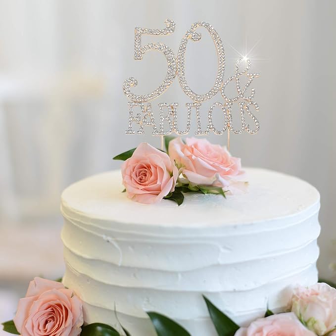 50 & Fabulous Cake Topper 50 Years Birthday Or 50th Wedding Anniversary Gold Crystal Rhinestone Party Decoration