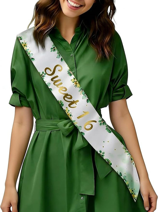 Sage Green 16th Birthday Decorations Sweet 16 Birthday Sash for Girls Women Greenery 16th Birthday Party Favors Happy 16-Year-Old Bday Party Decoration Supplies Photo Prop Photography