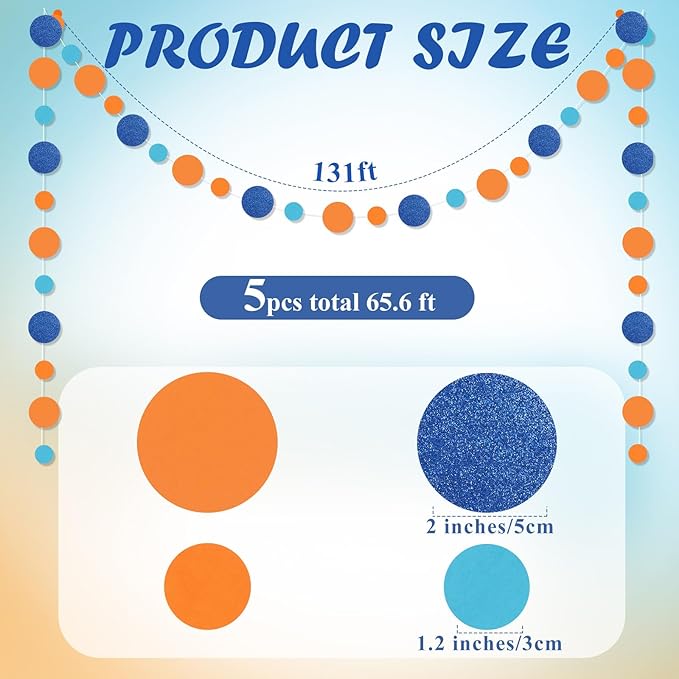 Outus 5 Pieces Orange,Blue Round Dots Garland Graduation Party Hanging Decor Each Length 13.1ft Glitter Paper Dot Streamers for Birthday Wedding Classroom Supplies