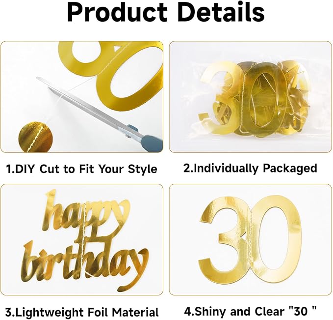GCQQ Gold 30th Birthday Decoration -4 Packs Gold Happy Birthday Circle Dot Star Garland 46FT Metallic Hanging Streamer Banner Decorations for Her 30 Dirty Thirty BirthdayTheme Party Decor, Pre-Strung