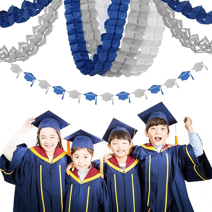 Navy-Blue White-Silver Party-Decorations Streamers Garland - 12pcs Royal Graduation 2025 4-Leaf Clover Paper Streamer Men Boy Birthday Wedding Bridal Shower Flower Banners Fathers Day Decor Ouruola