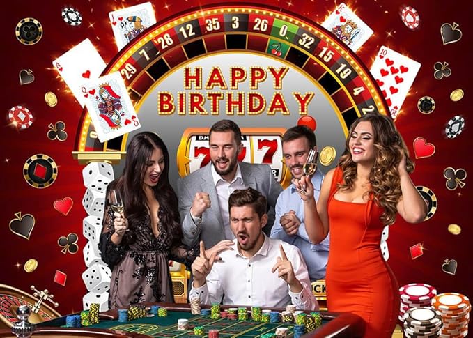 Mocsicka Casino Birthday Backdrop Las Vegas Theme Casino Night Happy Birthday Party Banner Decorations Dice Poker Birthday Photography Background Photo Booth Prop (Black/Red, 6x4ft(72''x48''))