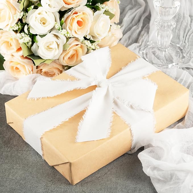 White Cotton Ribbon 1-1/2 Inch White 3 Rolls 21 Yards Frayed Edge Fabric Set for Wedding Invitations, Bridal Bouquet Wrap, Baby Shower, Christening & Gift Wrapping