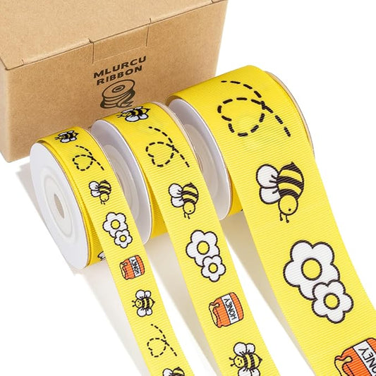 Bee Ribbon Set 3 Rolls Yellow Grosgrain Ribbon 5/8", 7/8", 1.5", Bumblebee, Honey Pot, Flower Print Ribbon for Crafts, Gift Wrapping, Hair Bows, Baby Shower, Party Decor