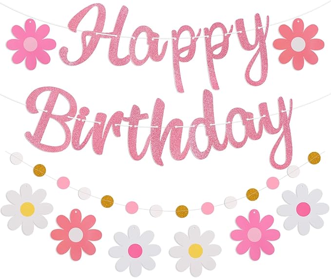 Pre-Strung Happy Birthday Banner, NO DIY Birthday Decorations with Circle Dot Garland and Flowers, Happy Birthday Party Decorations for Women Girls (Pink)
