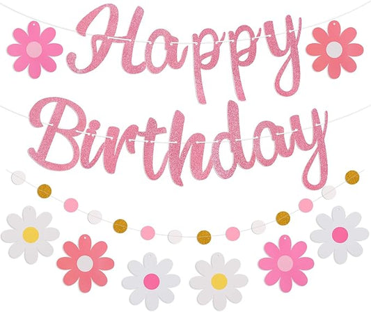 Pre-Strung Happy Birthday Banner, NO DIY Birthday Decorations with Circle Dot Garland and Flowers, Happy Birthday Party Decorations for Women Girls (Pink)