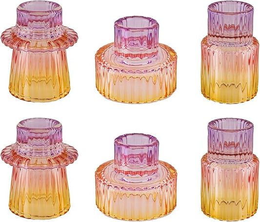 Double Sided Vintage Ribbed Taper Glass Candle Holders,Tea Candle Holder for Table Centerpieces, Wedding Decorations and Dinner Parties (Purple-Pink-Yellow, 6 PCS)