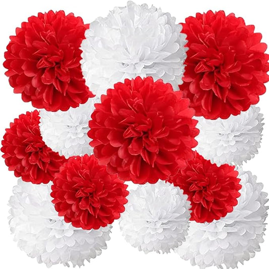 Red and White Paper Pom Poms (12 Pack) - Hanging Tissue Flowers for Baby Shower Wedding Valentine's Day Engagement Birthday Party Ceiling Decorations