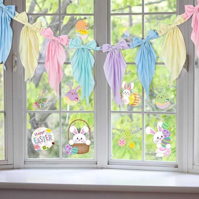 VitalCozy 1 Pcs Pastel Bow Garland Banner - Silk Satin Ribbon Hanging Party Bow Garland Decoration for Summer Birthday Baby Shower Wedding Party Supplies