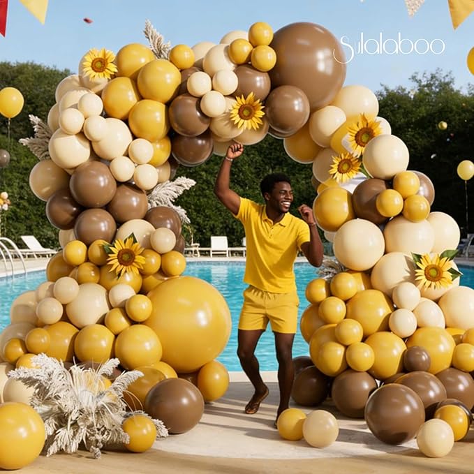 Mustard Yellow Balloons Arch Kit 155Pcs Different Sizes of 18 10 5 Inch Mustard Yellow Sand White Brown Latex Balloon Garland for Birthday Anniversary Sunflower Bee Party Decorations