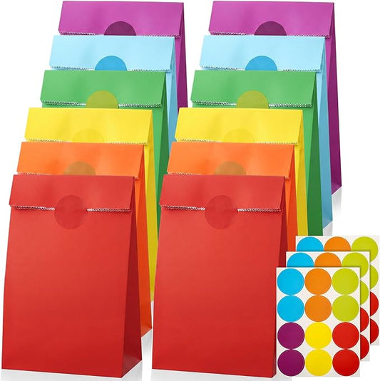 Nezyo 30 Pcs Pastel Gingham Paper Gift Bags with Stickers for Party 5.1 x 3.1 x 9.4 Inches Colorful Rainbow Paper Candy Bag for Party Favor Wedding Birthday Candy Snack DIY Goodie Treat (Rainbow Color)