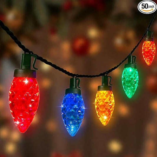 C9 Christmas Lights Outdoor, 26FT 50 LED Vintage Multicolor Plug in Fairy String Lights Waterproof, Connectable Christmas Tree Lights for Outside, House, Roofline, Yard, Garden Decor, Green Wire