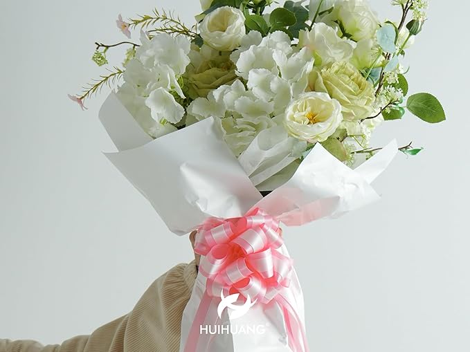HUIHUANG Pink Pull Bows 12 PCS Baby Pink and White Double Layer Satin Pull Bows 6" x 10" Gift Bow for Gift Wrapping Gift Basket Flower Bouquets Baby Shower Favors Wedding Party Decor