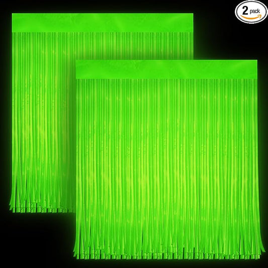 2 Pack Glow in The Dark Curtains Party Supplies 6.6 x 3.3 Ft Glow Tinsel Foil Fringe Curtains Photo Booth Prop Backdrop Streamer for Birthday Holiday Neon Party Decorations