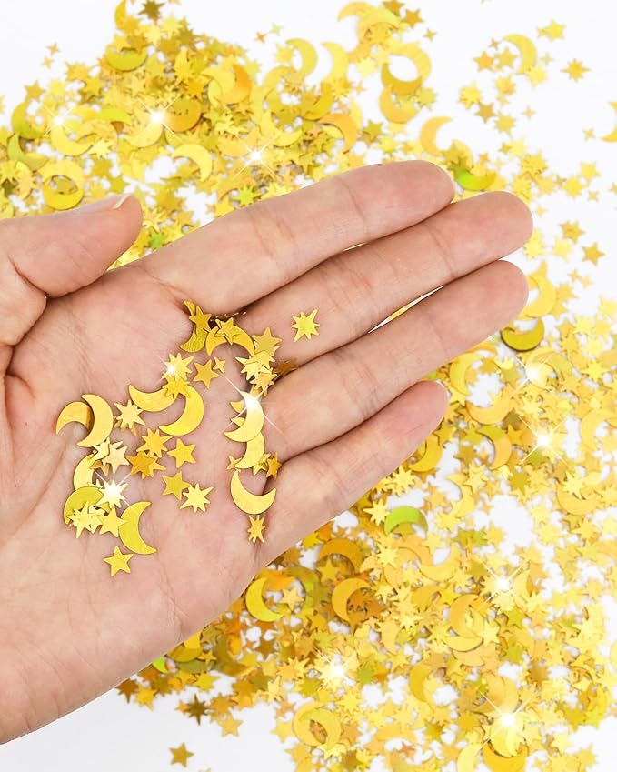 4000 Pcs Star Confetti, Glitter Confetti, Holographic Metallic Star Glitter, Holographic Moon for Party Decorations, Wedding, Birthday, Festival, DIY, Gold, 10mm