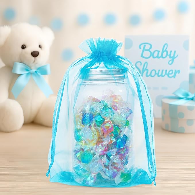 ANZNKU 50 Pack Organza Bags 6x9 Inch, Mesh Bag Drawstring Large Organza Gift Bags for Easter Baby Shower, Party Favors(Lake Blue)