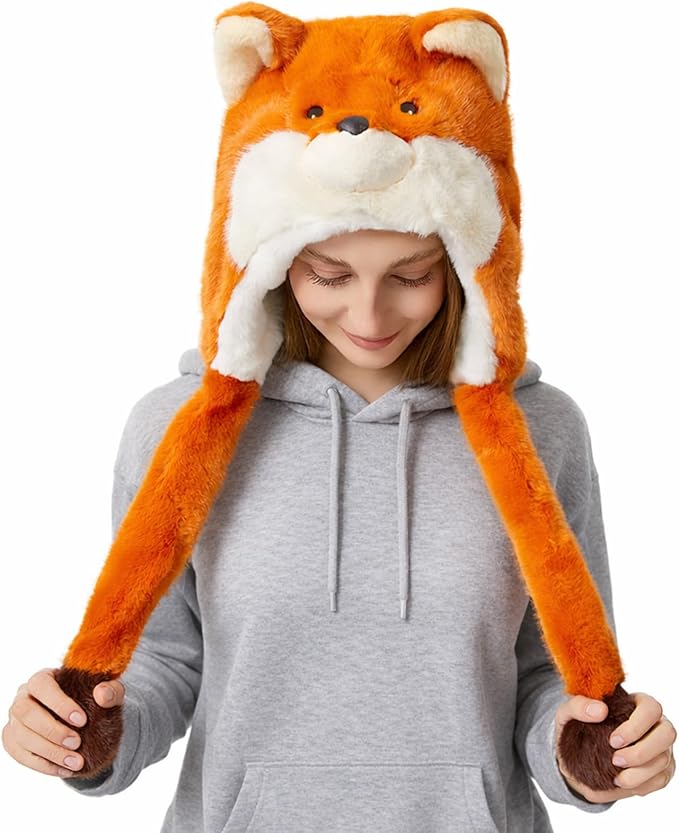 Surblue Animal Hat with Ears Moving Jumping Winter Plush Cap Halloween Christmas Party for Adult Teenager, One Size