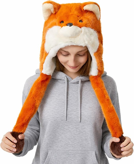 Surblue Animal Hat with Ears Moving Jumping Winter Plush Cap Halloween Christmas Party for Adult Teenager, One Size