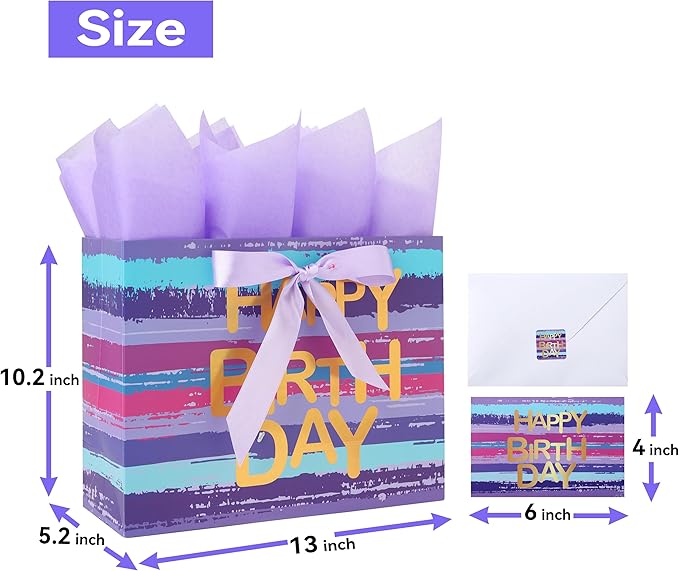13" Large Purple-blue Multicolor Watercolor Gift Bag Set with Greeting Card and Lavender Tissue Papers (Gold Foil ‘Happy Birthday’) for Women's or Men's Birthday Party, Girls', Boys' or Kids' Party,