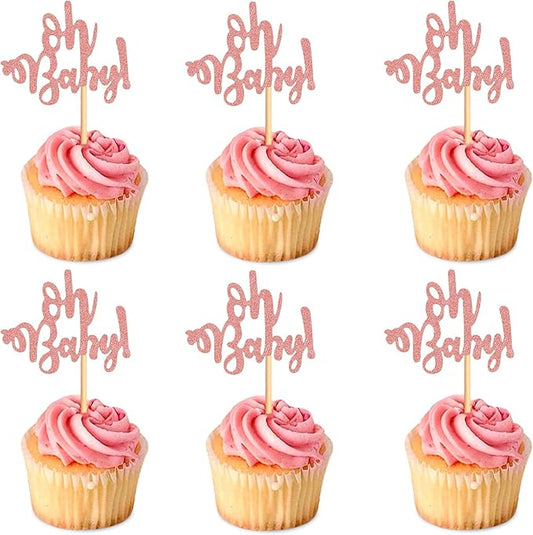 Ercadio 24 Pcs Oh Baby Cupcake Toppers Glitter Rose Gold Cake Topoper for Boy or Girl Theme Baby Shower Cupcake Picks Kids Birthday Party Cake Decorations Supplies